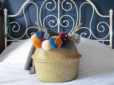 Extra Large Seagrass Belly Basket with Pom Poms TEAL MUSTARD | Etsy | Seagrass belly basket ...