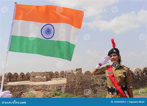 Lady Army Cadet Saluting in Front of Indian Flag with Pride Outdoor in ...