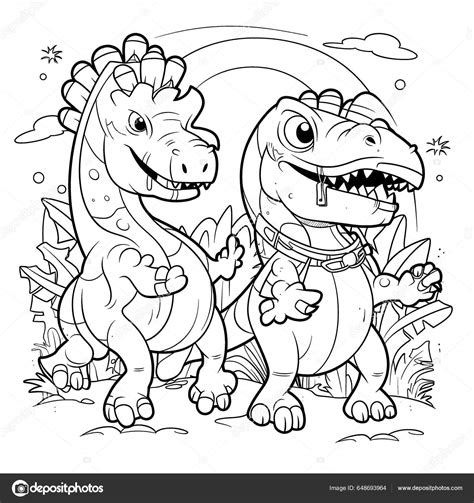 Dinosaurios Páginas Para Colorear Blanco Negro Para Niños Líneas Simples Vector de Stock de ...