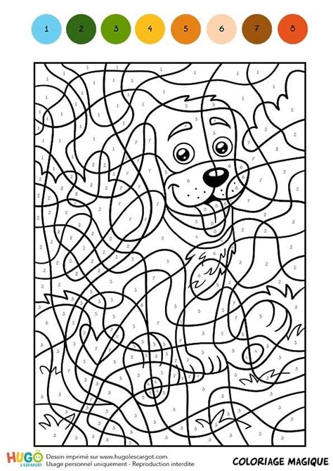 Coloriage et illustration d'un Coloriage Magique CM1, un petit chien assis. Difficile de dire de ...