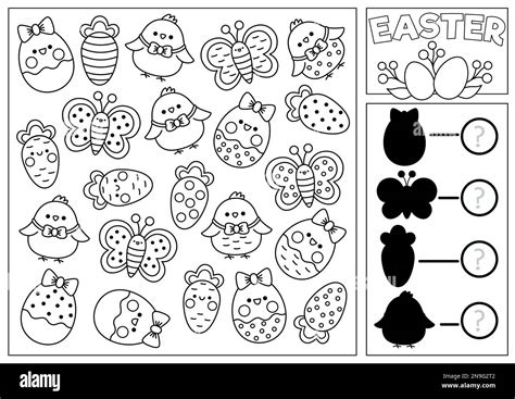 Easter black and white I spy and shadow match game for kids. Searching and counting activity ...