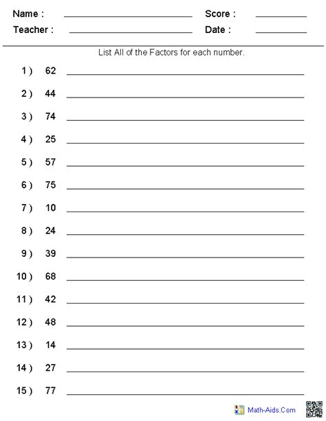 Factor Pairs Worksheet