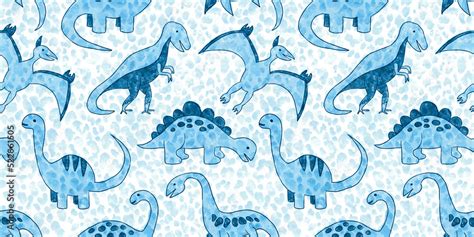 Seamless hand drawn pastel baby blue dinosaur pattern with polka dot ...