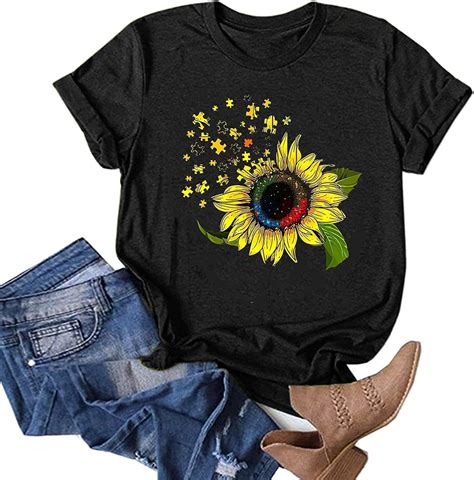 Sunflower Graphic T Shirts for Women Summer Casual Plus Size Loose Tees ...