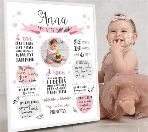 First Birthday Poster with Photo, Girl First Birthday Chalkboard Sign with Picture, 1st Birthday ...