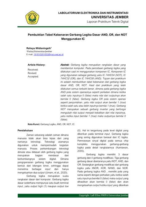 Tekdig A Gerbang Logika Dasar 1 - UNIVERSITAS JEMBER Laporan Praktikum Teknik Digital Pembuktian ...