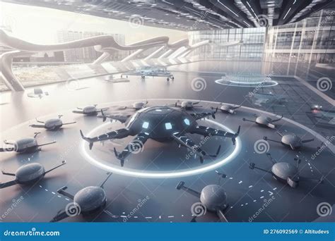 Futuristic and Conceptual Airport Terminal, with Flying Drones and ...