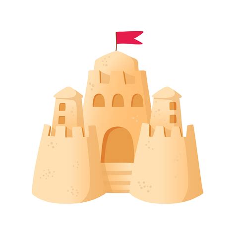 Sandcastle cartoon style vector illustration on white background. Sand fortress with towers on ...