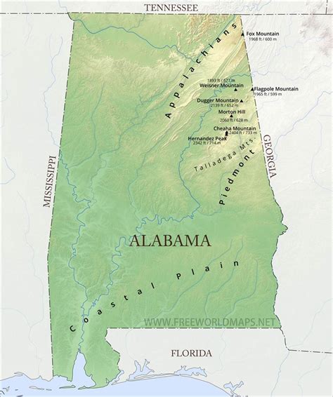 Physical map of Alabama