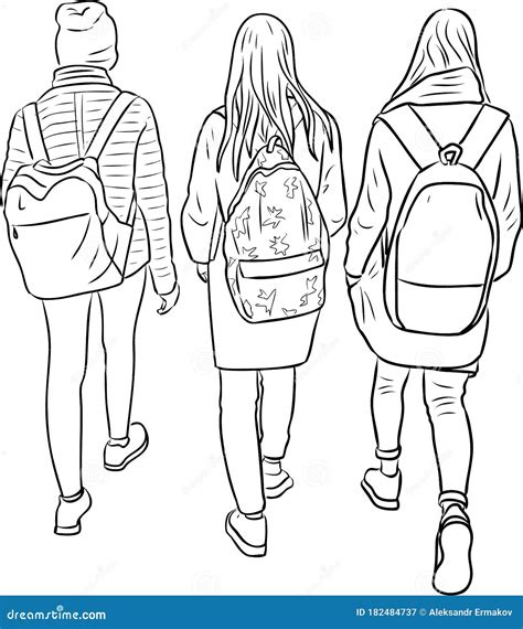 Outline Drawing of Students Girls Walking Outdoors Stock Vector - Illustration of pedestrians ...