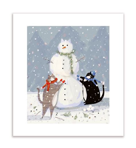 Cat Art Snow Cat Print Cat Painting Snowman Winter Art | Etsy