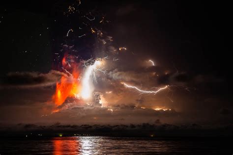 nature, Landscape, Photography, Calbuco Volcano, Eruption, Lightning, Smoke, Lava, Sea, Night ...