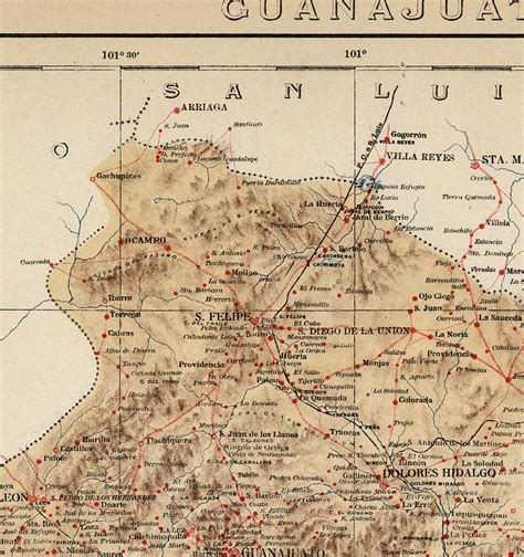 Art HP 18" x 24" 1922 Map of Guanajuato Shows mines working and idle ...