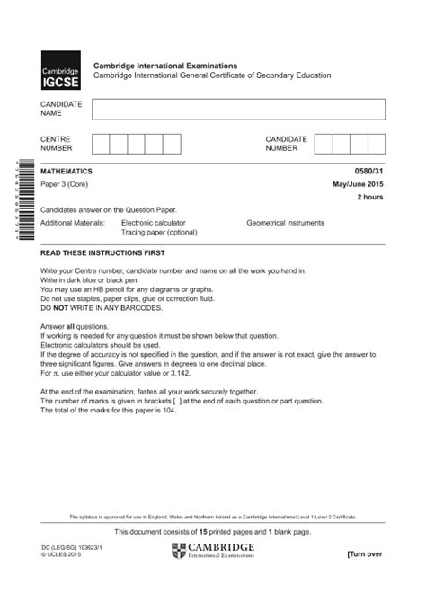 Cambridge IGCSE Maths-0580 Past Question Paper-3 (June 2015)