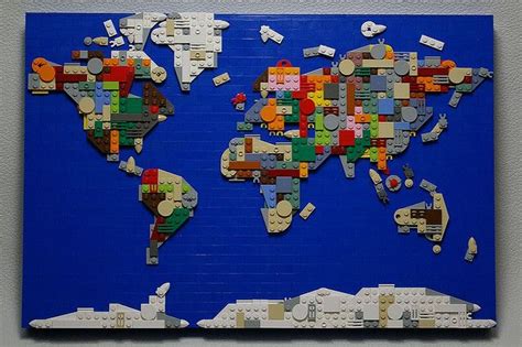 a map made out of legos is shown on the wall in front of a blue background