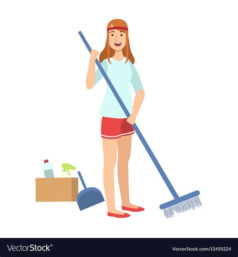 Woman sweeping a floor with broom cartoon adult Vector Image