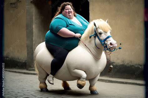 Joyful obese woman riding a little skinny pony photo, created with ...