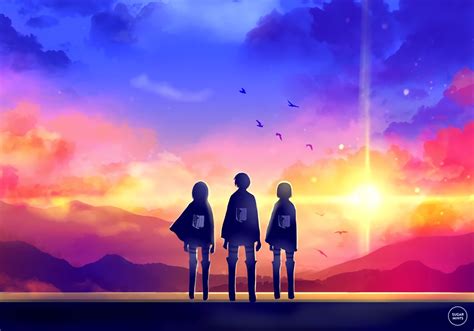 three people standing in front of a sky with birds flying above them and the sun behind them