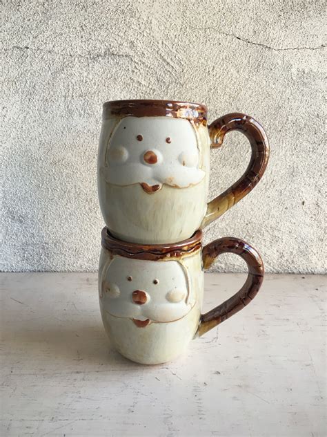 Vintage Santa Face Stoneware Mugs Art Studio Pottery Santa Mugs, Gift for Mom and Dad