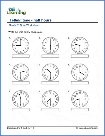 Telling Time To Half Hour Worksheets