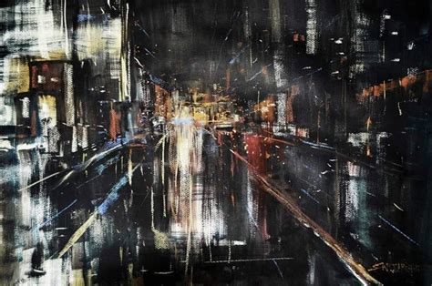 Rainy night city street scene painting | City scene painting, One point ...