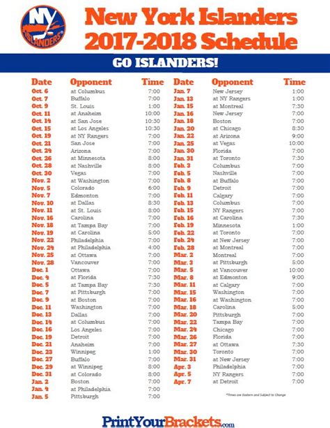 Islanders Printable Schedule - Printable Templates