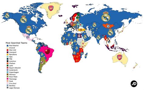 Most searched football (soccer) teams by countries. : MapPorn