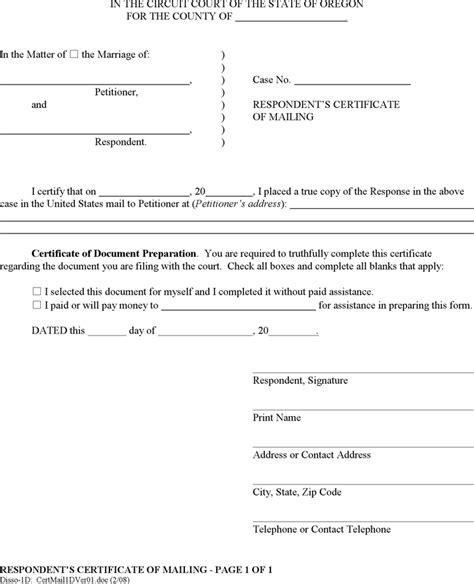 Free Oregon Respondent's Certificate of Mailing Form - PDF | 81KB | 1 Page(s)