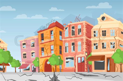 Vector illustration of earthquake in the city, ground crevices. Cartoon ...