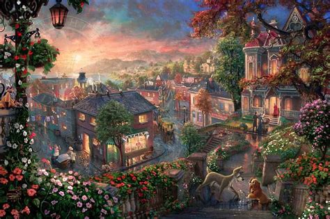 Lady and the Tramp, dog, fantasy, thomas kinkade, art, pictura, disney ...