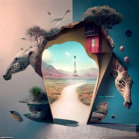 Portal to the Unknown: Surreal Landscape with Animal Heads and Towe...