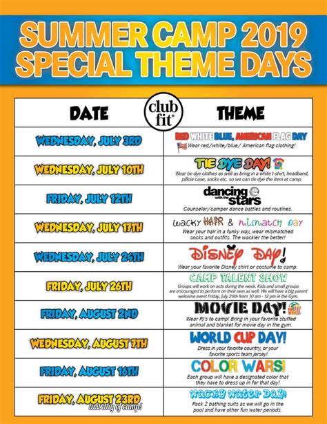 Camp Theme Days & Lunch Menu – Club Fit Briarcliff – Club Fit | Summer ...