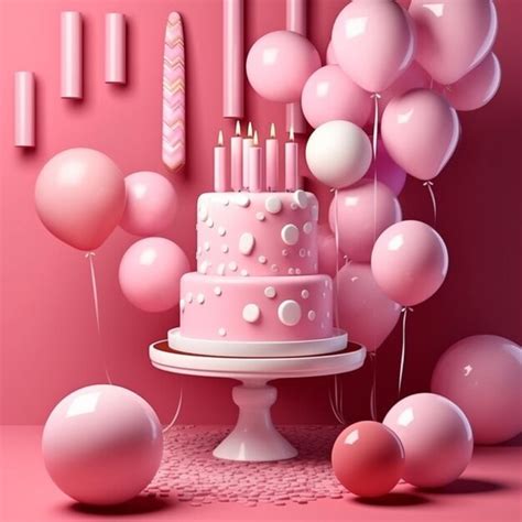 Premium AI Image | there is a pink cake with candles and balloons on a table generative ai