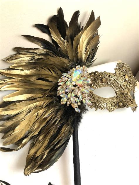 Gold Masquerade Mask With Feathers Mardi Gras Halloween on a Stick - Etsy | Gold masquerade mask ...