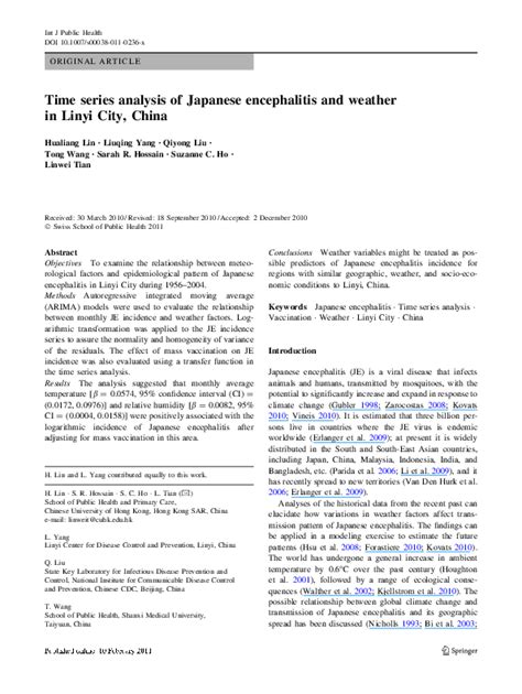 (PDF) Time series analysis of Japanese encephalitis and weather in Linyi City, China | Linwei ...