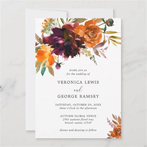 Burnt Orange Burgundy Fall Floral Rustic Wedding Invitation | Zazzle.com