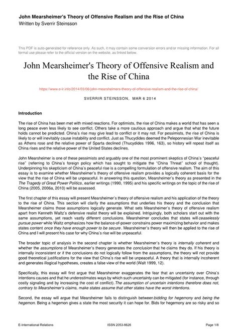 John Mearsheimer's Theory of Offensive Realism and the Rise of China Written by Sverrir ...