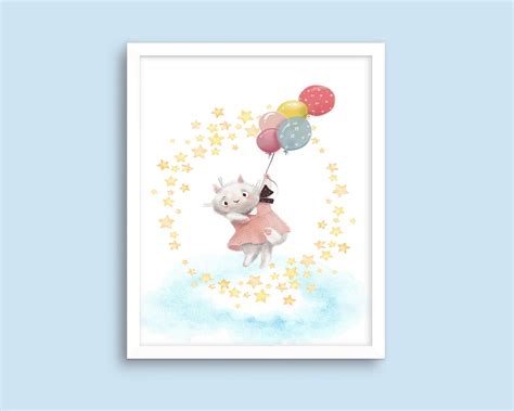 Nursery Wall Art, Cat Flying in the Sky With Balloons, Great Baby ...