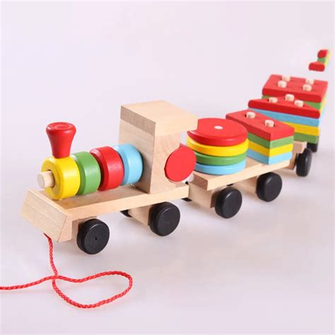 Three section hauling small train wooden educational learning toys for children kids best ...