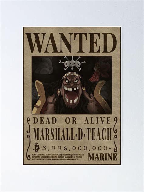 "Marshall D Teach One Piece Kurohige Bounty Poster Blackbeard" Poster for Sale by OnePieceWanted ...