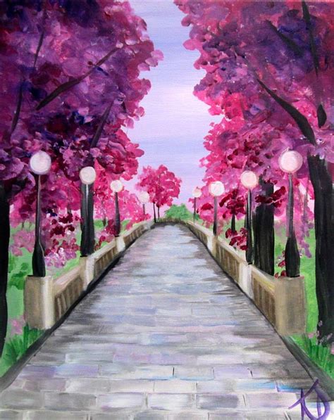 Cherry Blossom Walk | Perspective art, Spring painting, Canvas art painting