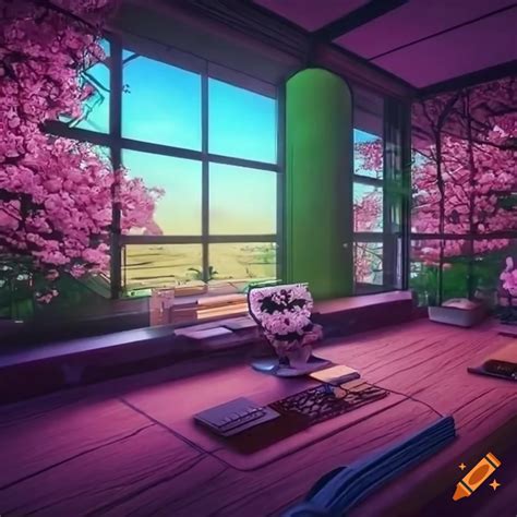 Computer desk in a tatami room with a view of a cherry blossom garden on Craiyon