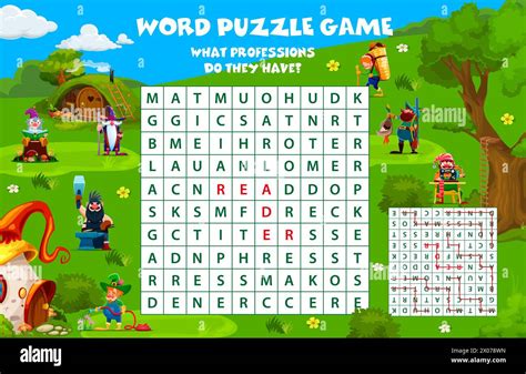 Word search puzzle game. Cartoon garden gnome and dwarf characters in ...