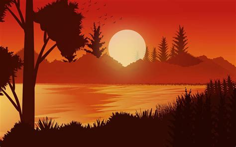 Sunset scene in forest. Glowing forest sky with Mountains landscape background Illustration ...