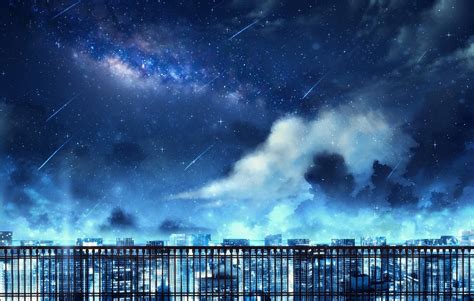 Anime, Comet, City, Night, Stars, 1080P, Original, Sky, Building, Cloud ...