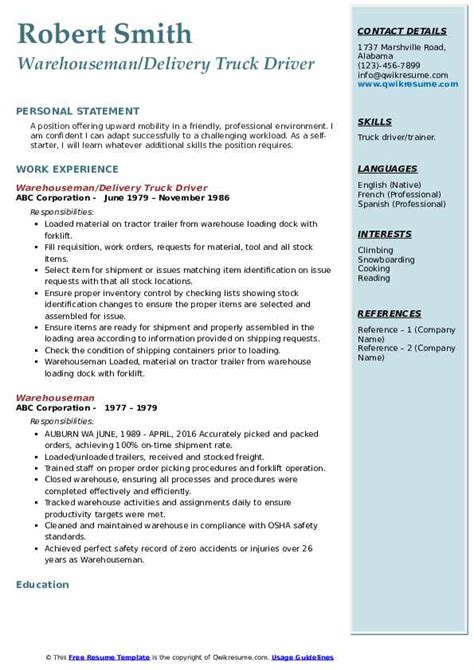 Warehouseman Resume Samples | QwikResume