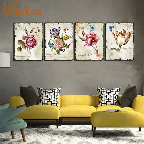 ALMUDENA 4 Pieces Classic Floral Canvas Prints Flower Art Pictures Combination Home Decorative ...