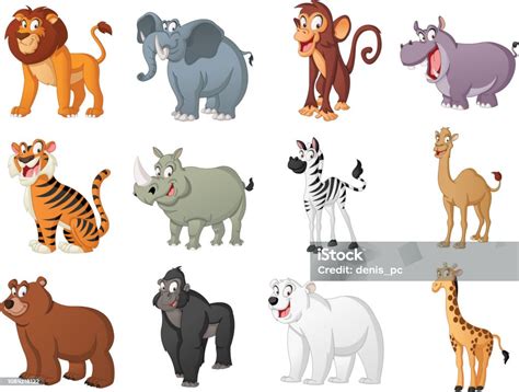 Group Of Big Cartoon Animals Vector Illustration Of Funny Happy Animals Stock Illustration ...