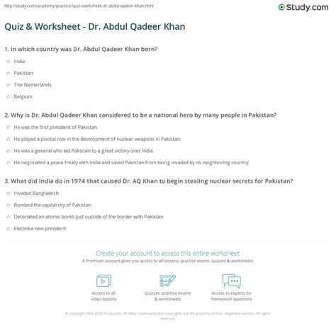 Quiz & Worksheet - Dr. Abdul Qadeer Khan | Study.com