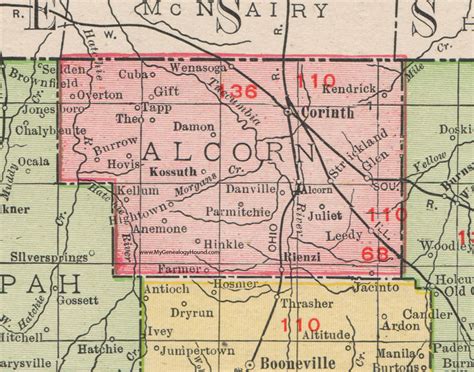 Alcorn County, Mississippi, 1911, Map, Rand McNally, Corinth, Rienzi, Kossuth